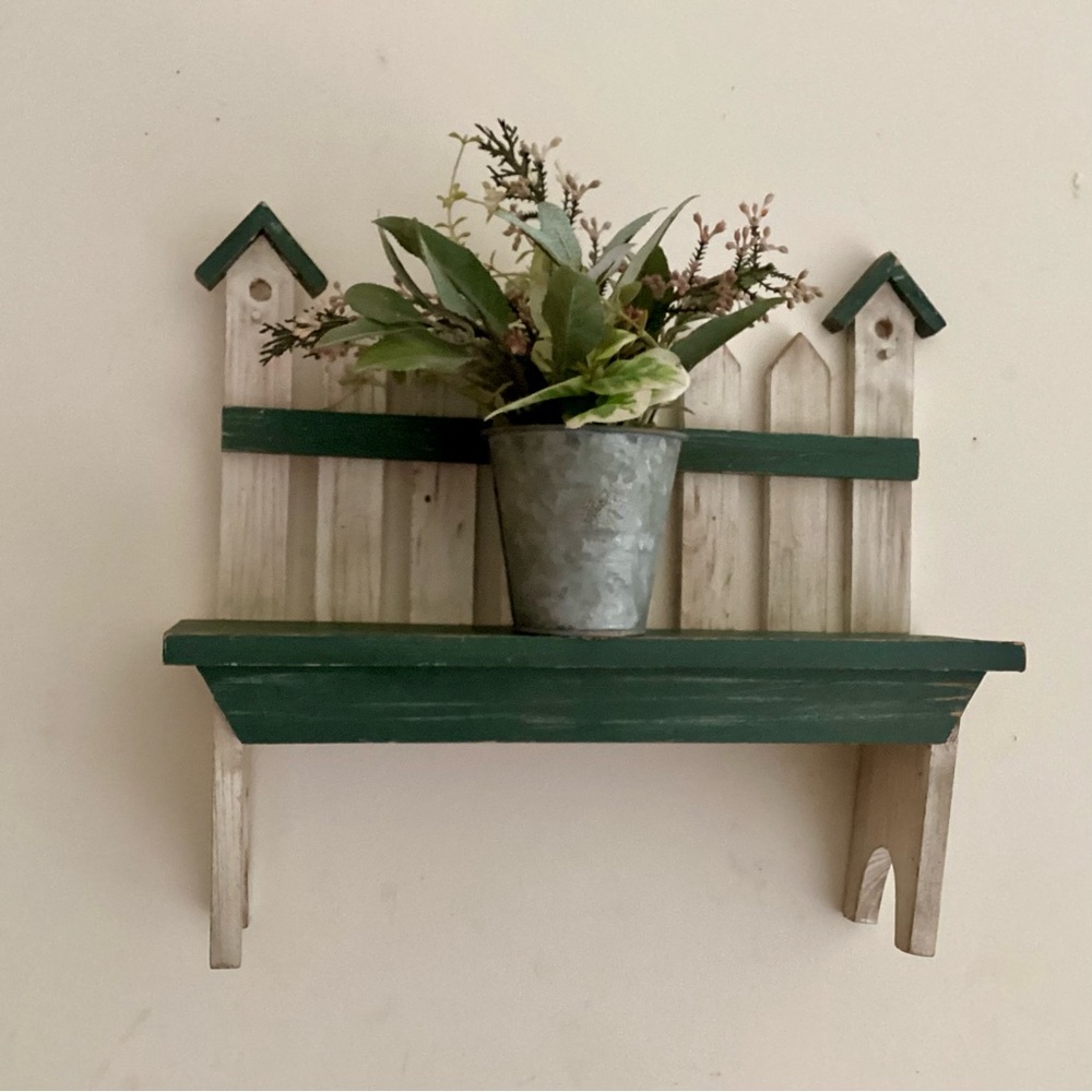 Rustic Green and Cream Wall Shelf with Planter